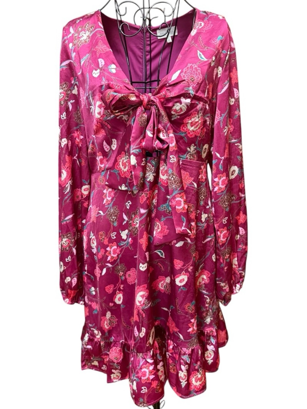 Melloday Fuchsia Silky Floral Tie-Neck Dress